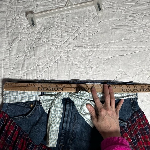 Denim patchwork skirt upcycle hand made with handmade cotton belt xl - Picture 7 of 8